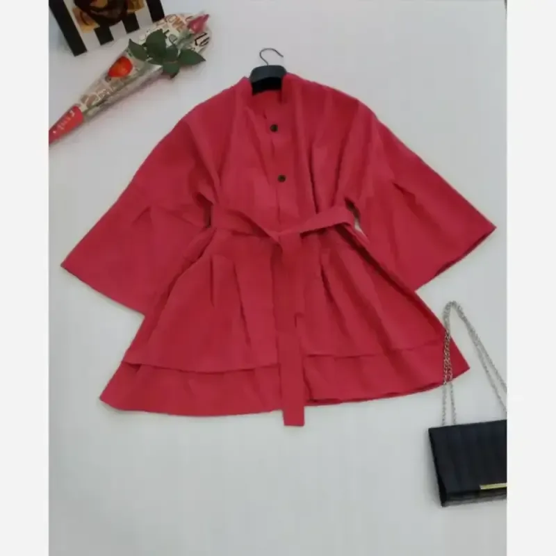 مانتو دلانا میکرو کجراه سرخابی فری سایز کمربنددار