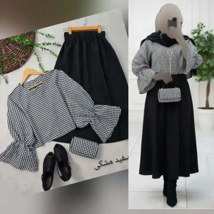 ست دامن مازراتی و شنل موهر فری سایز رنگ سفید مشکی و مشکی شکلاتی