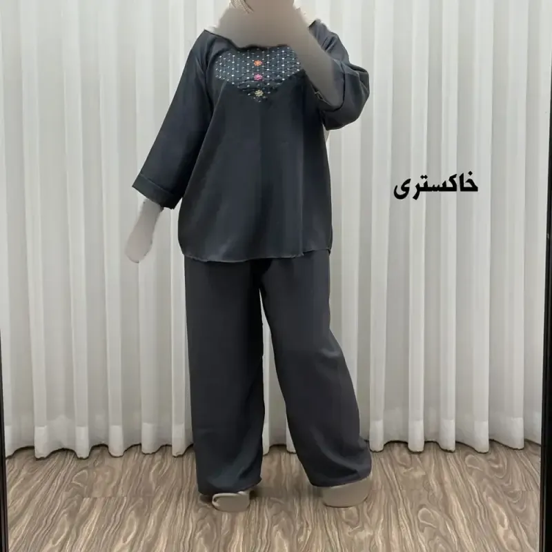 ست بلوز شلوار گلدوزی آلنا فری سایز تا 50 جنس صوفیا چهارفصل شیک راحت بدون آبرفت و رنگ رفت