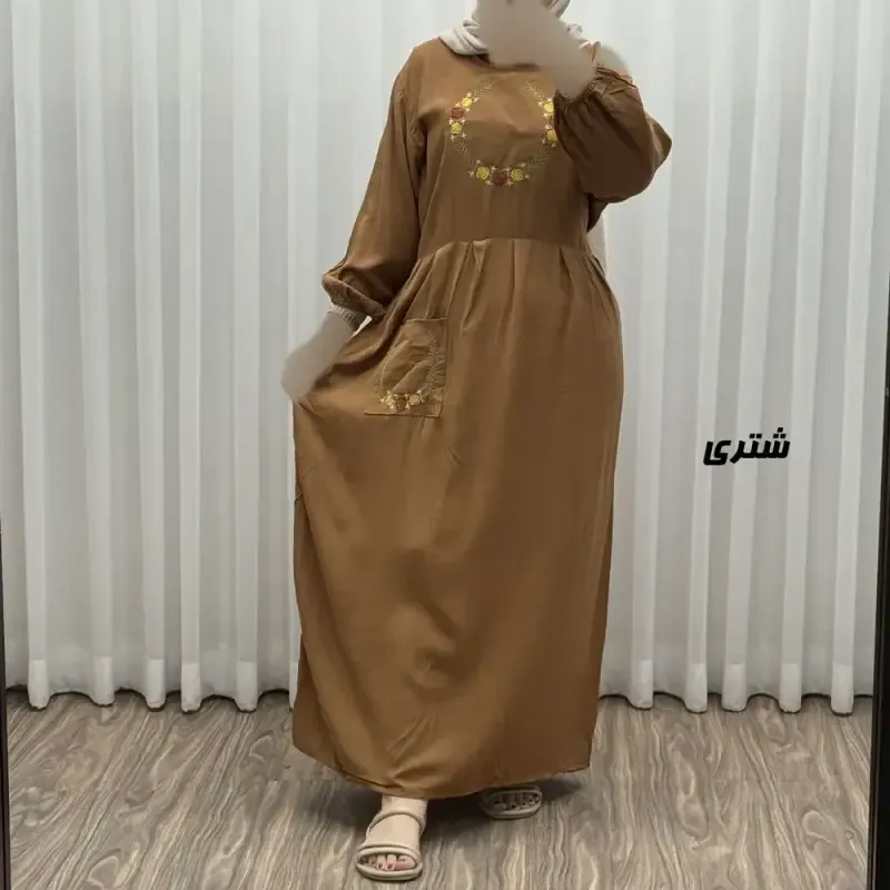 پیراهن نخی گلدوزی زنانه مدل خاطره فری سایز تا 48 با کمربند